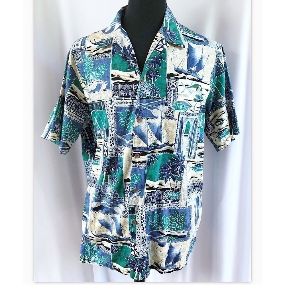 RJC Hawaiian Tropical Print Button Up Shirt Green